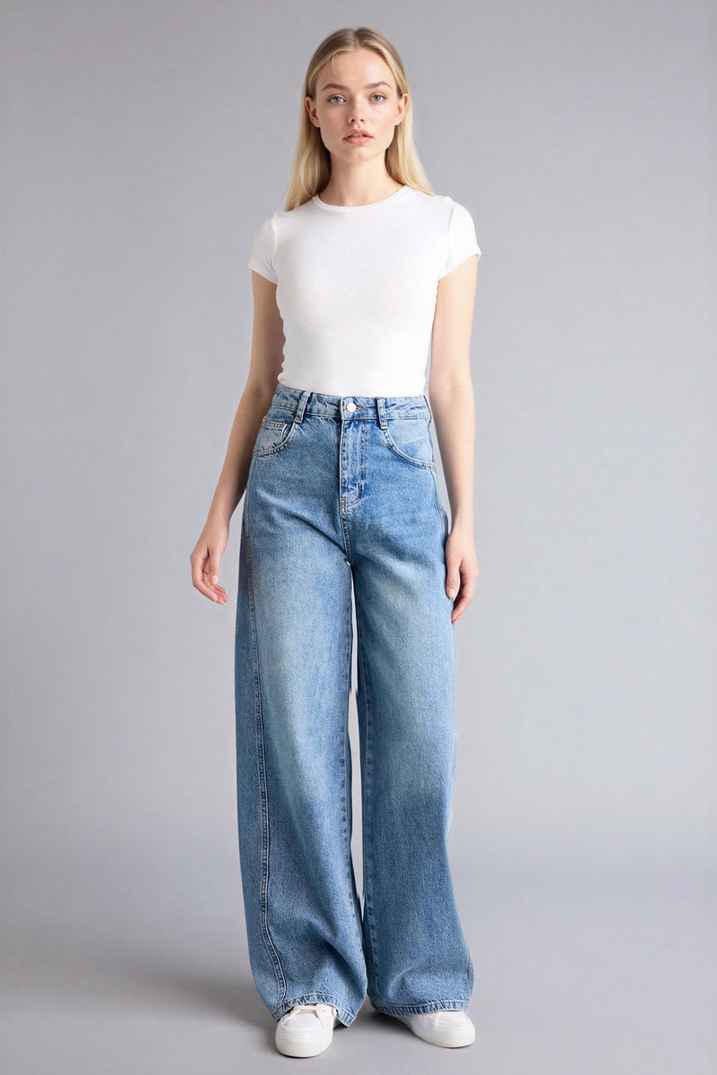 DeFacto Blue Woman Wide Leg Regular Waist Ankle Length Washed Jeans Casual - Image 1